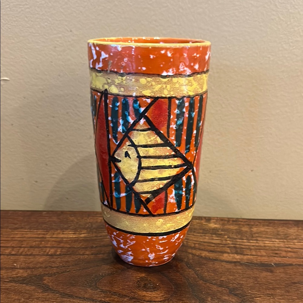 Vintage Italian Hand-Painted Orange Ceramic Vase with Fish Design